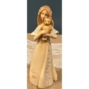 Beautiful, vintage girl and her teddy figurine "bless you"